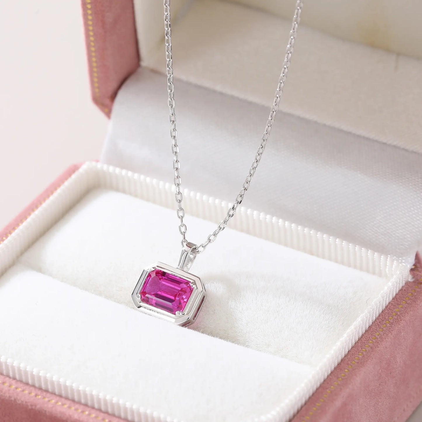 Lab-Grown Emerald-Cut Pink Sapphire Necklace in 925 Sterling Silver
