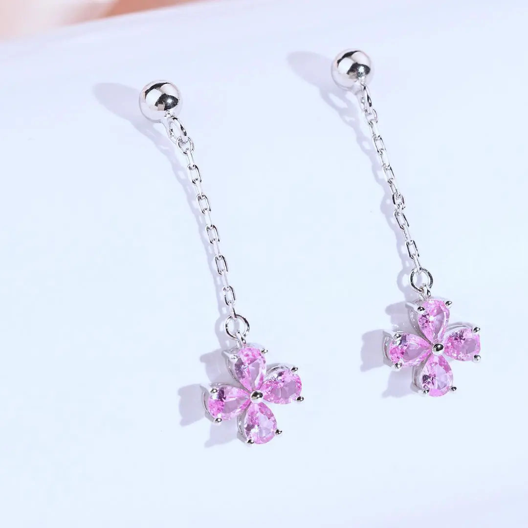 Pink Sapphire Stud Earrings with Clover Dangles in 925 Sterling Silver