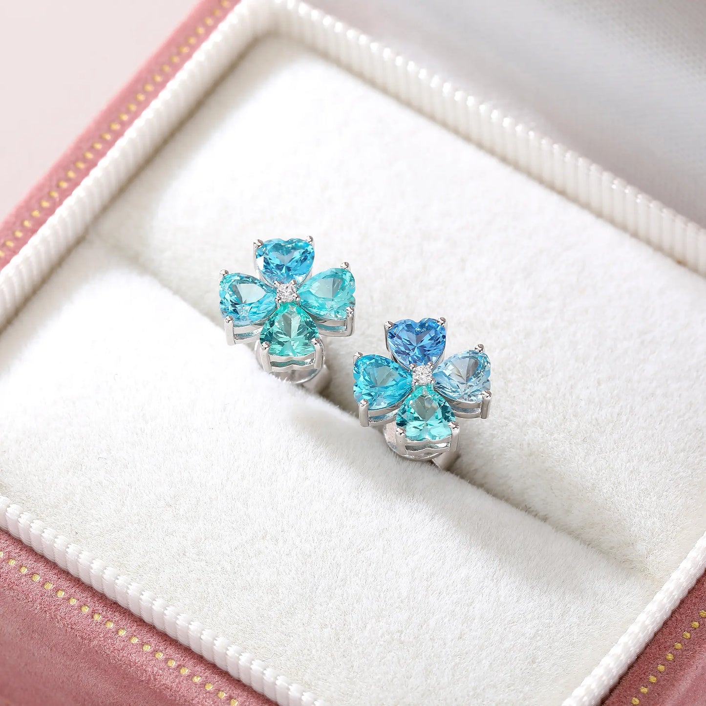 Gradient Blue Moissanite Heart Clover Earrings in 925 Sterling Silver