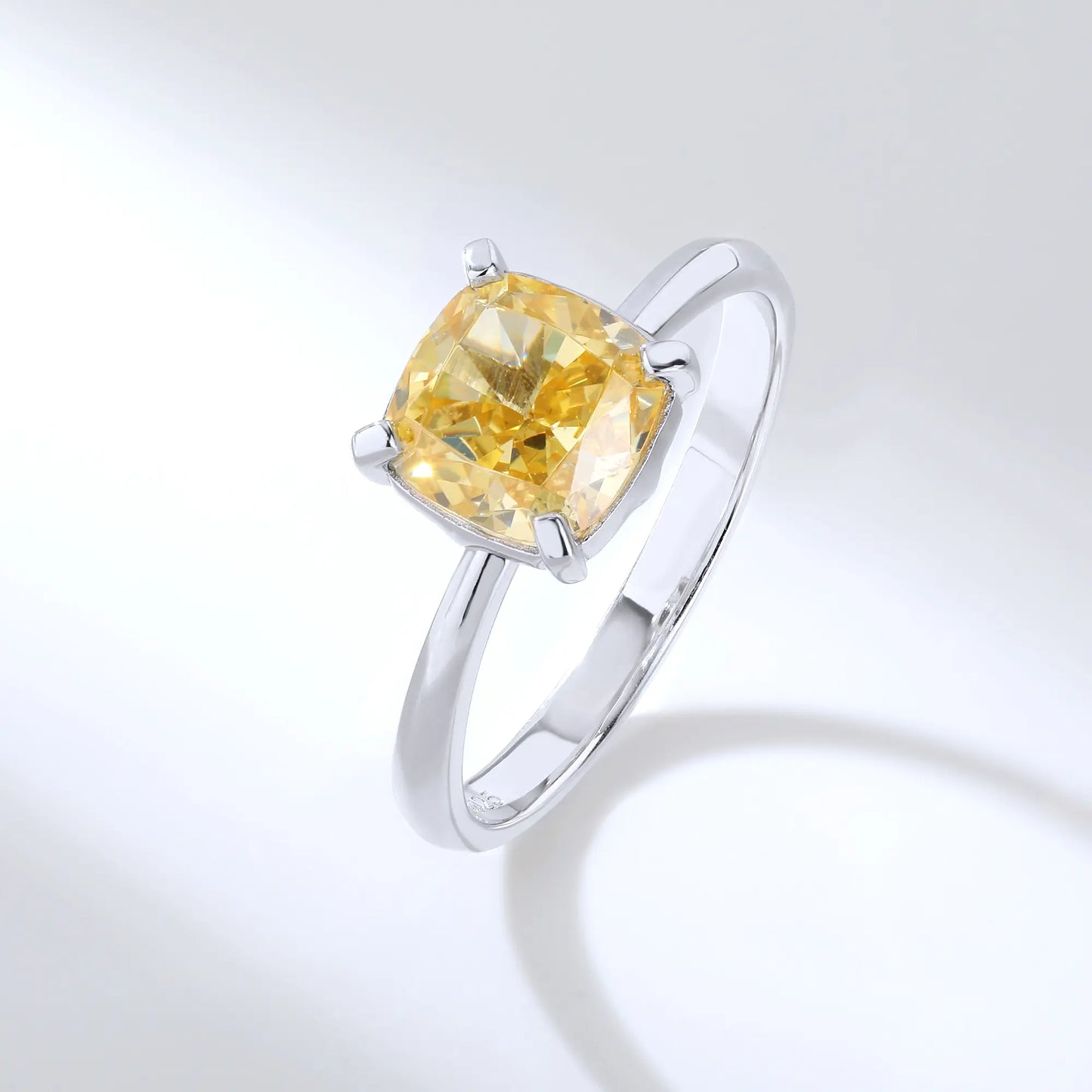 Cushion Cut Moissanite Ring, 925 Sterling Silver Canary Yellow Solitaire Ring for Women