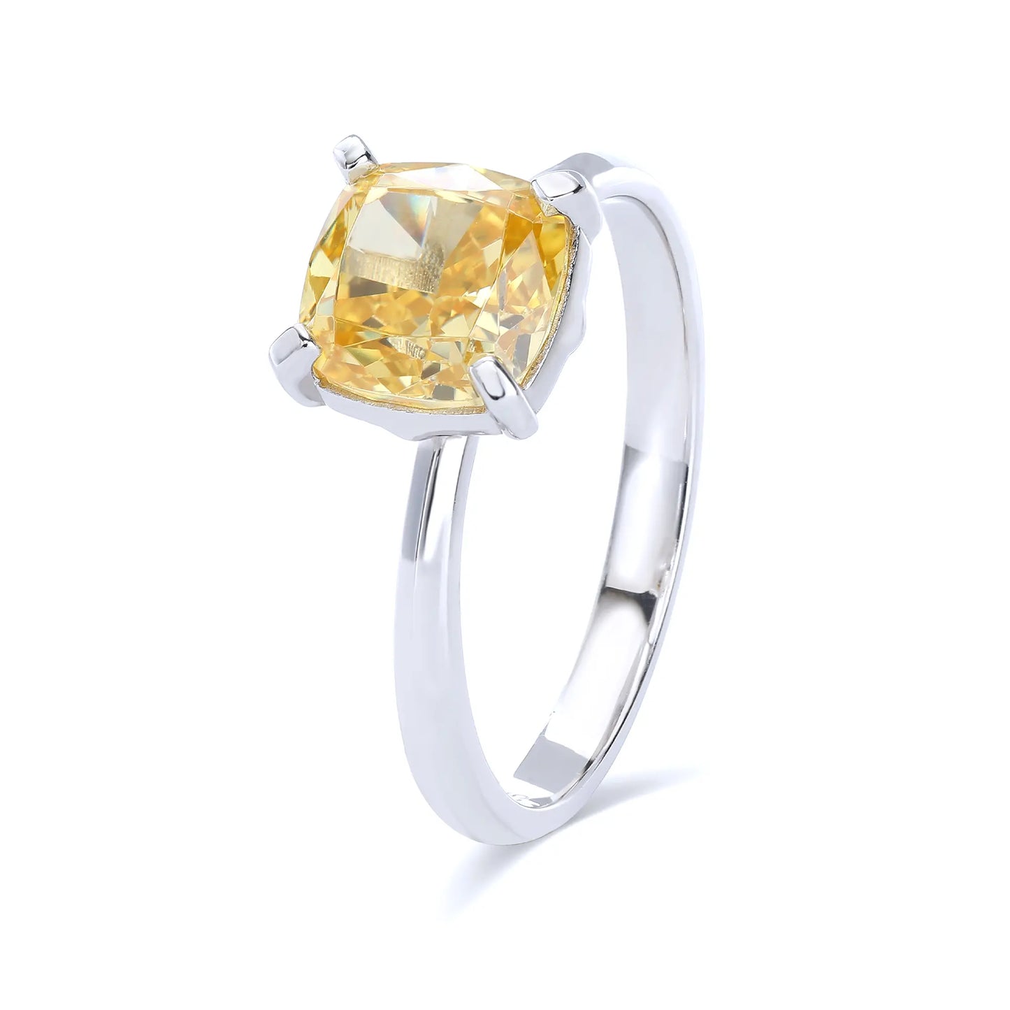 Yellow Moissanite Ring, 925 Sterling Silver Canary Cushion Cut Solitaire Ring