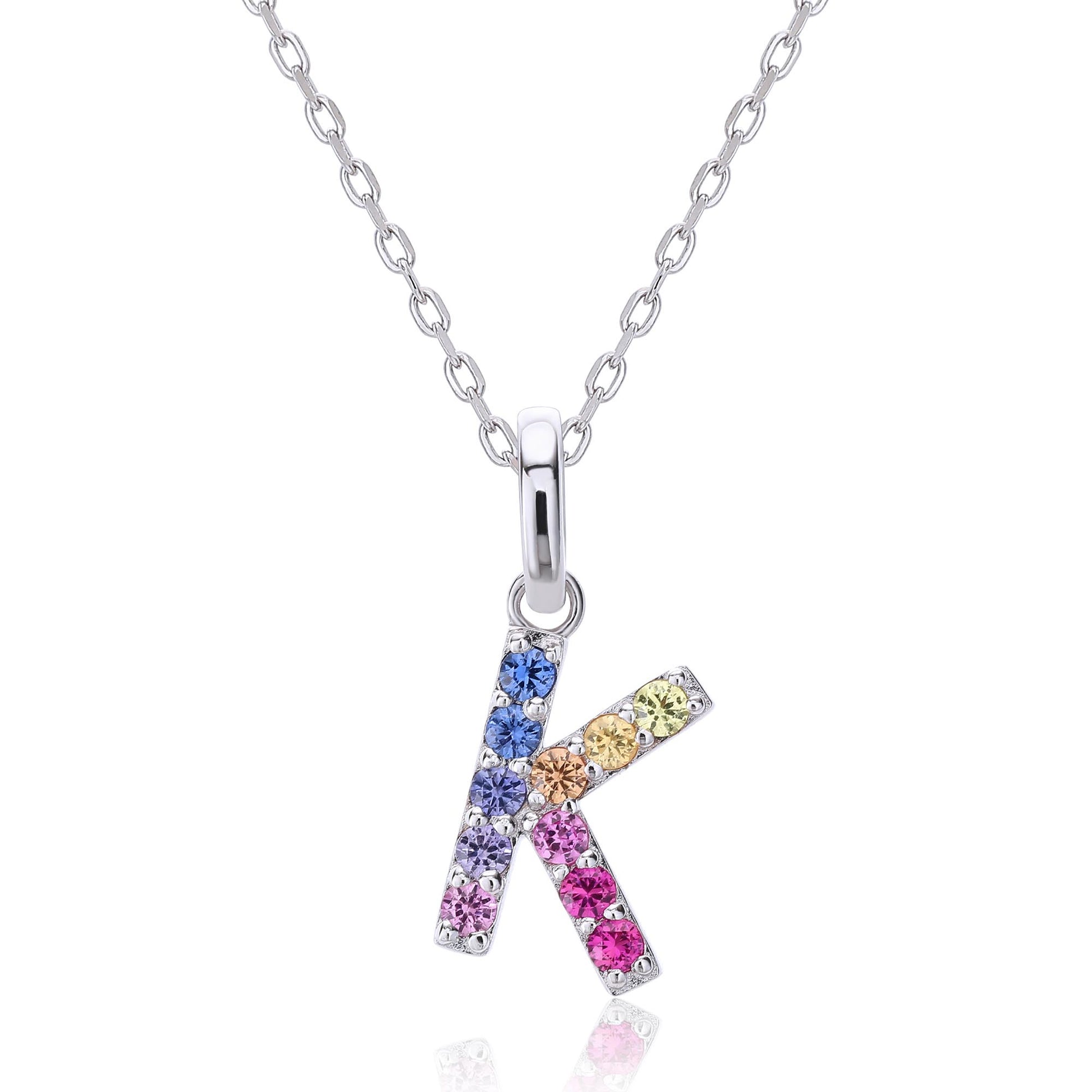 Vibrant lab-grown sapphire "K" pendant | Sterling silver initial necklace