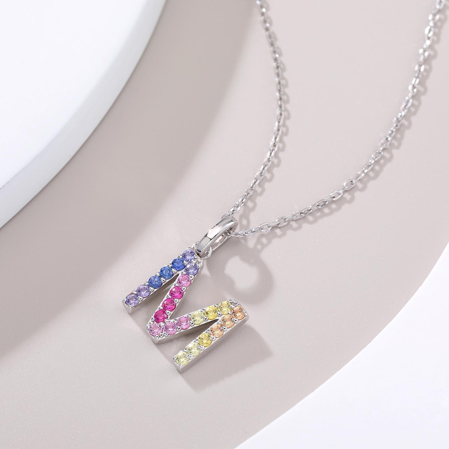 Vibrant Rainbow Lab-Grown Sapphire "M" Pendant | Sterling Silver Initial Necklace