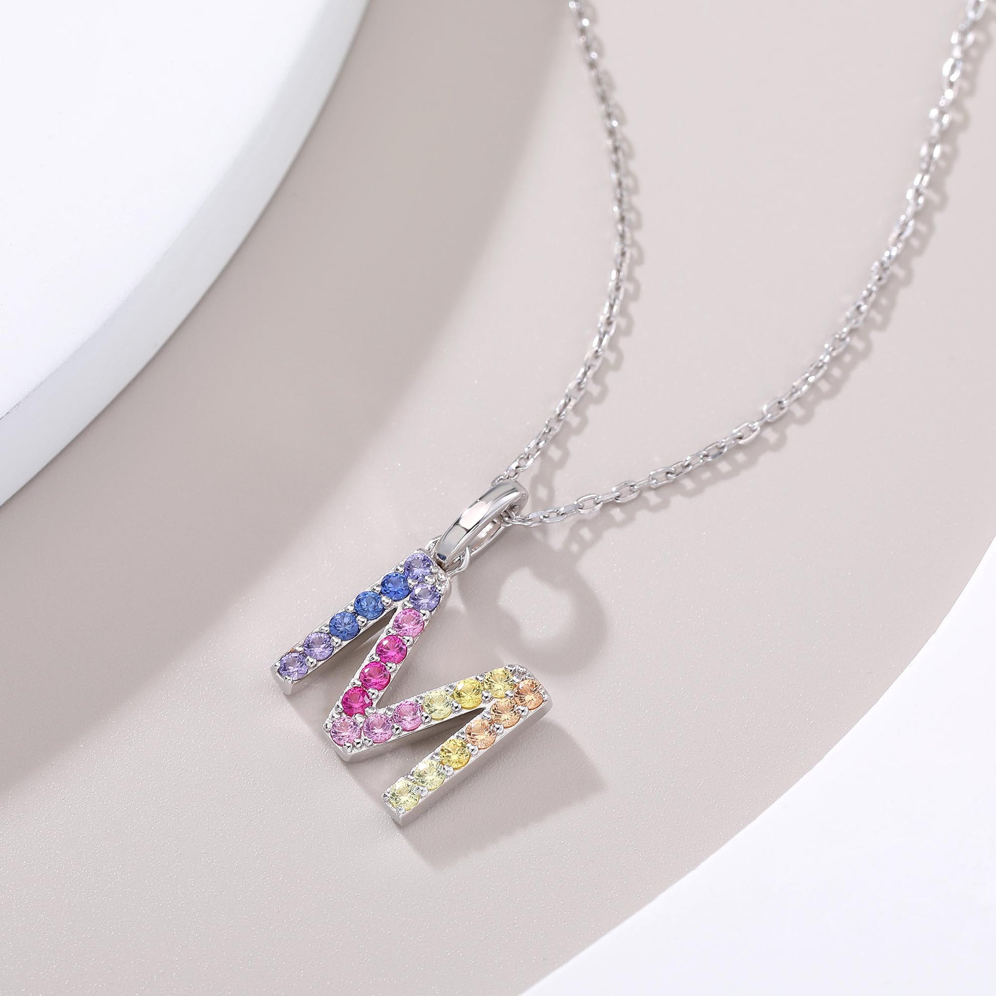 Vibrant Rainbow Lab-Grown Sapphire "M" Pendant | Sterling Silver Initial Necklace