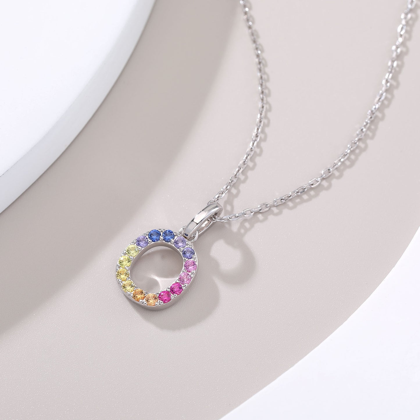 Vibrant Rainbow Lab-Grown Sapphire "O" Pendant | Sterling Silver Initial Necklace
