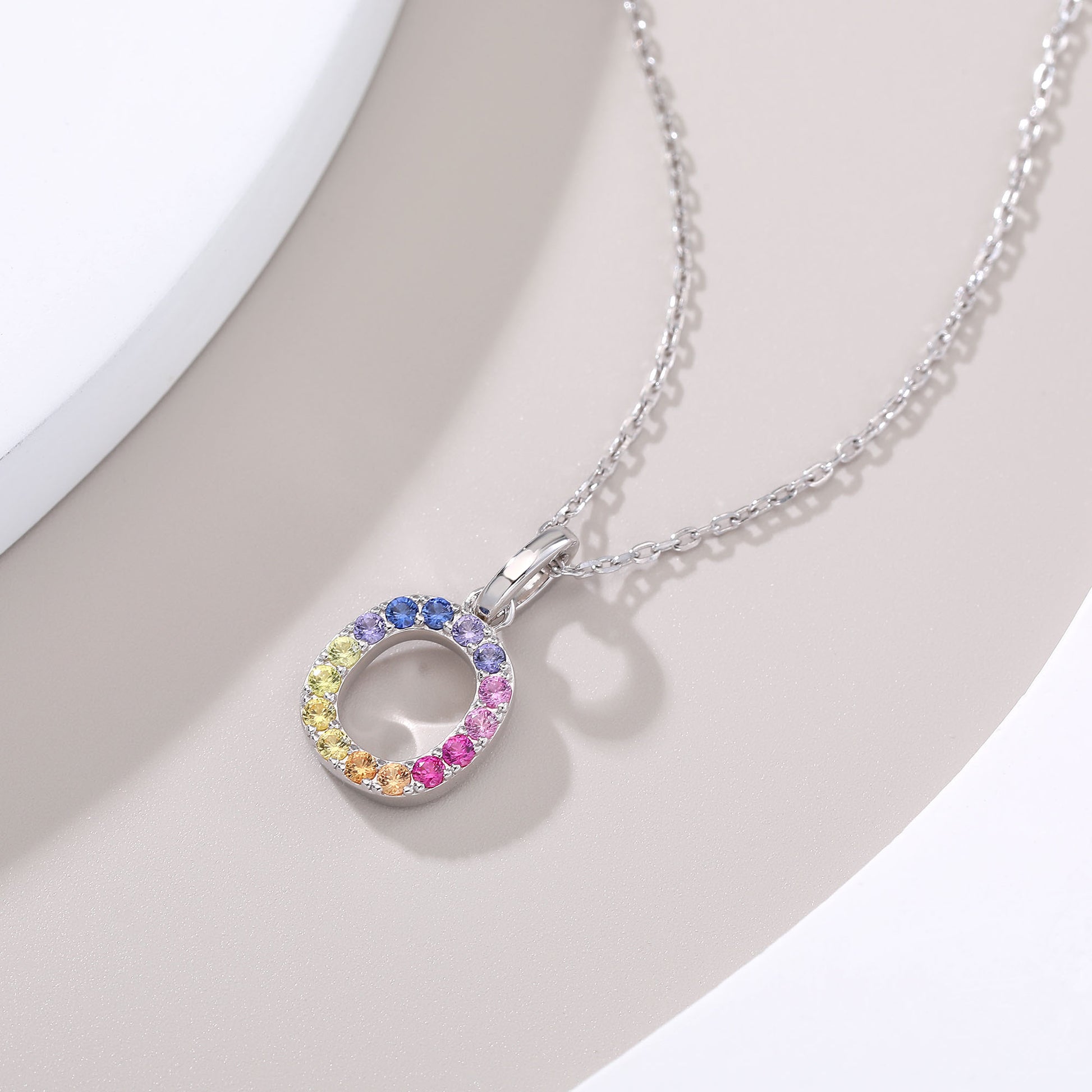 Vibrant Rainbow Lab-Grown Sapphire "O" Pendant | Sterling Silver Initial Necklace