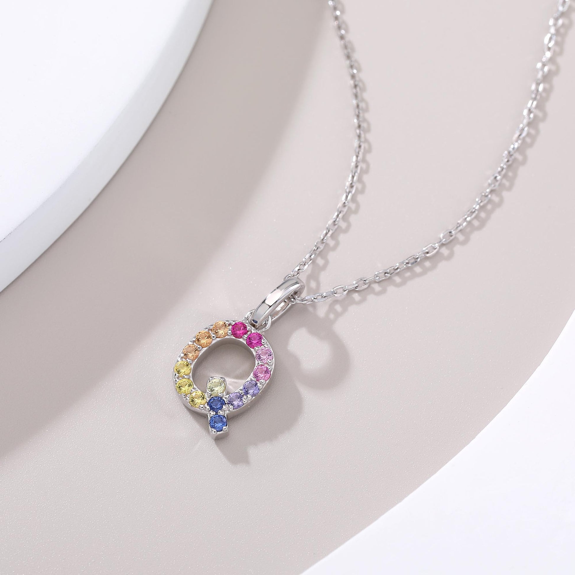 Vibrant Rainbow Lab-Grown Sapphire "Q" Pendant | Sterling Silver Initial Necklace