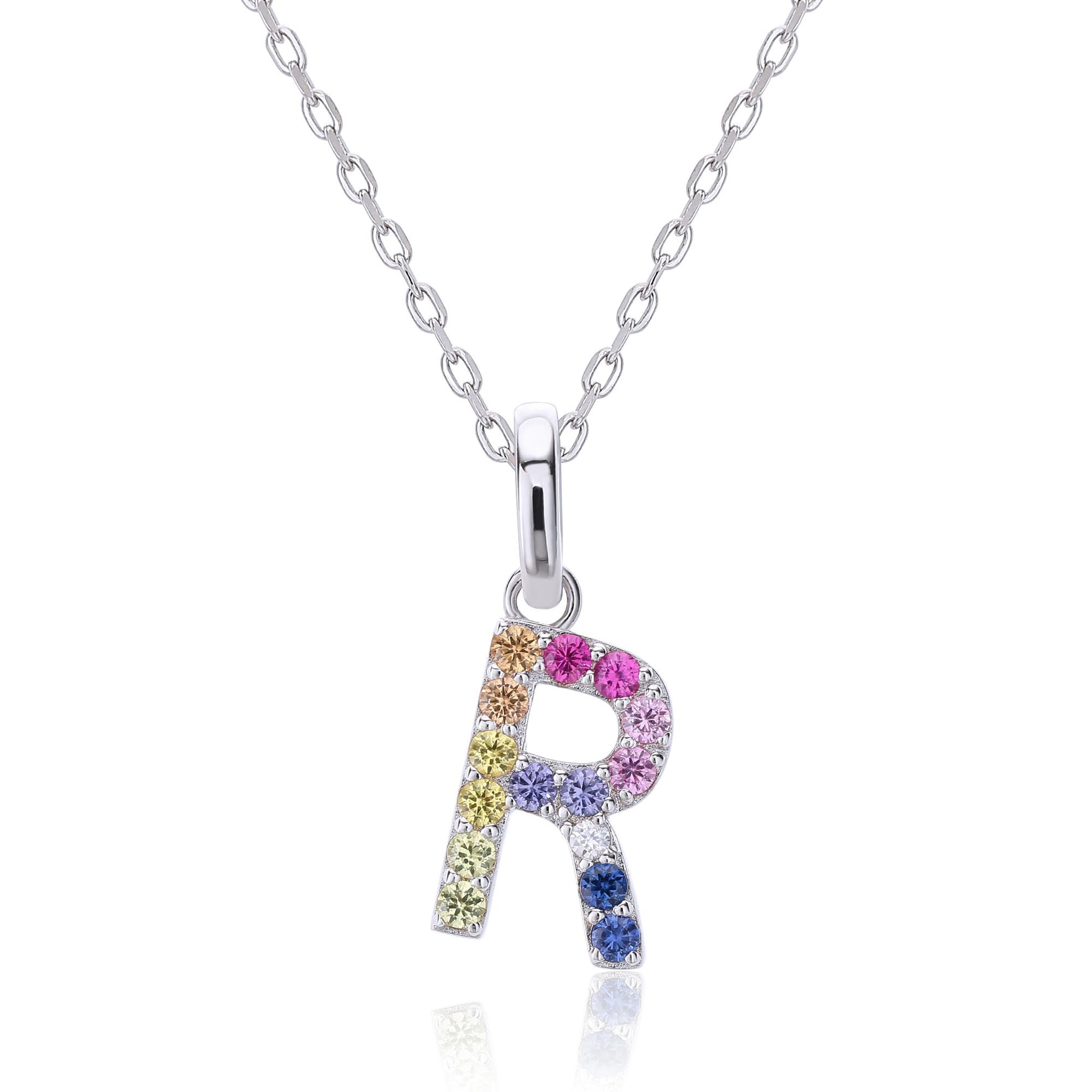 Vibrant Rainbow Lab-Grown Sapphire "R" Pendant | Sterling Silver Initial Necklace