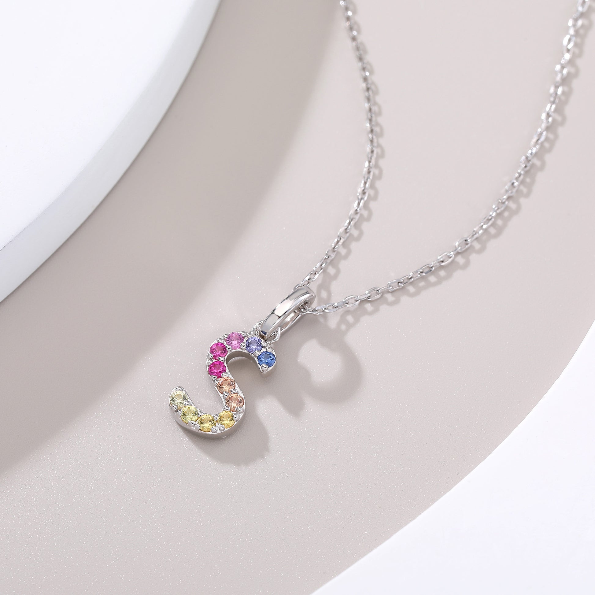 Vibrant Rainbow Lab-Grown Sapphire "S" Pendant | Sterling Silver Initial Necklace