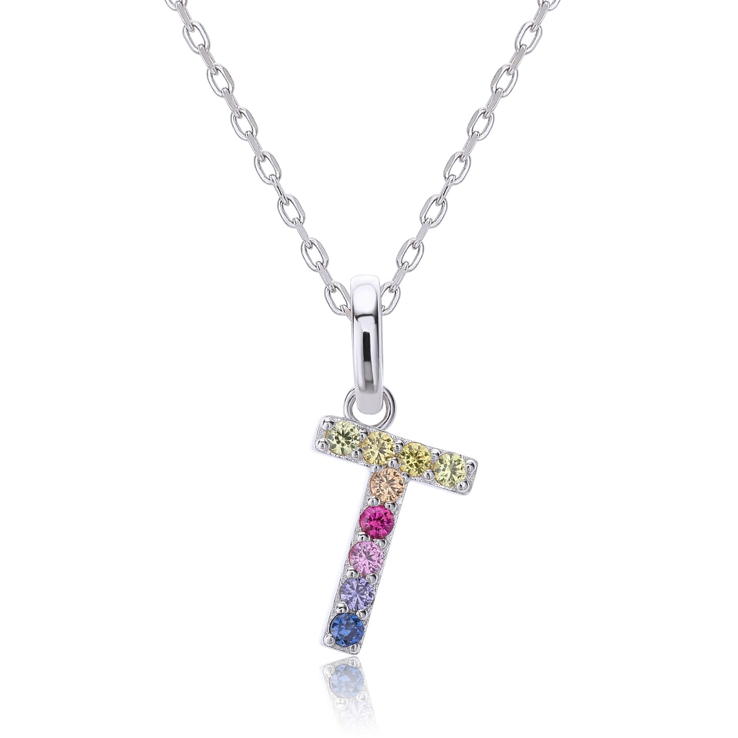 Vibrant Rainbow Lab-Grown Sapphire "T" Pendant | Sterling Silver Initial Necklace