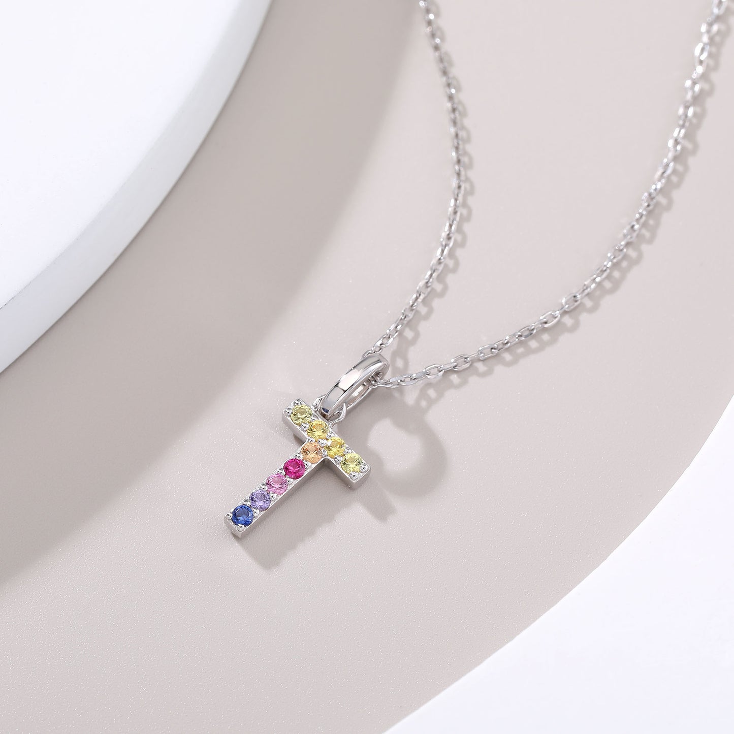 Vibrant Rainbow Lab-Grown Sapphire "T" Pendant | Sterling Silver Initial Necklace