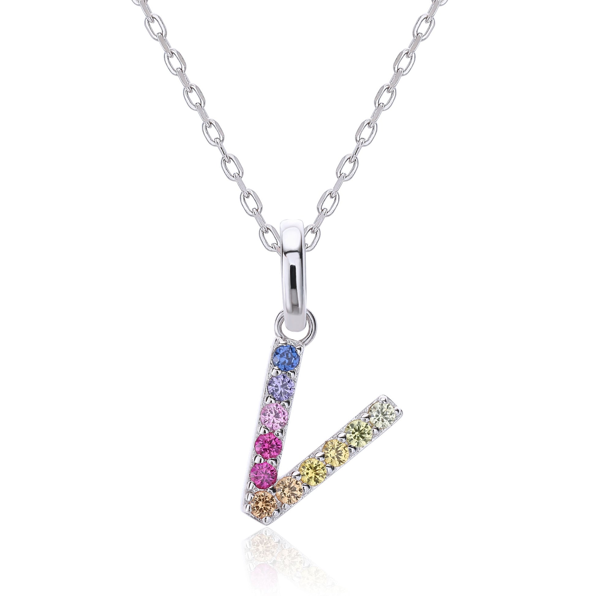 Vibrant Rainbow Lab-Grown Sapphire "V" Pendant | Sterling Silver Initial Necklace