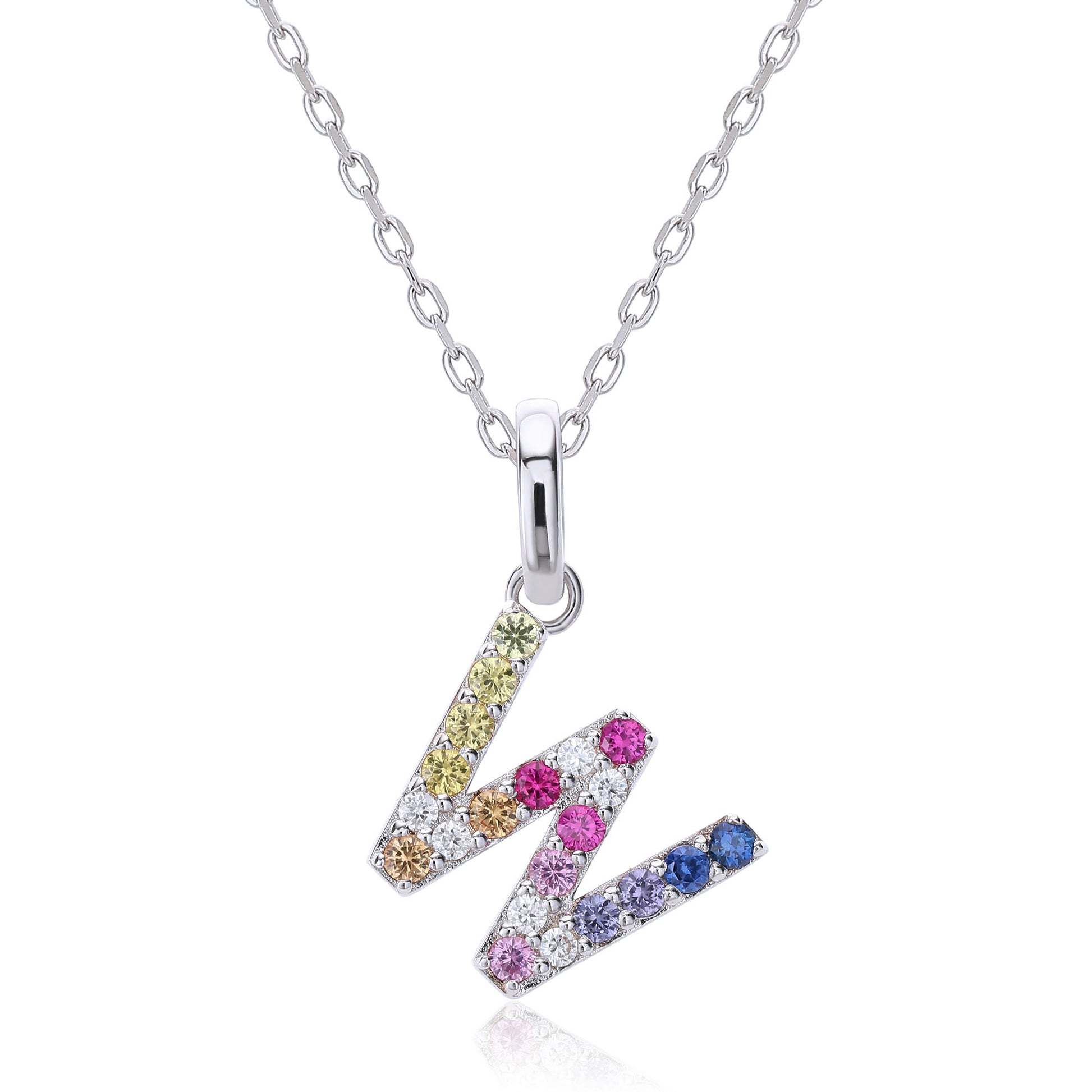 Vibrant Rainbow Lab-Grown Sapphire "W" Pendant | Sterling Silver Initial Necklace