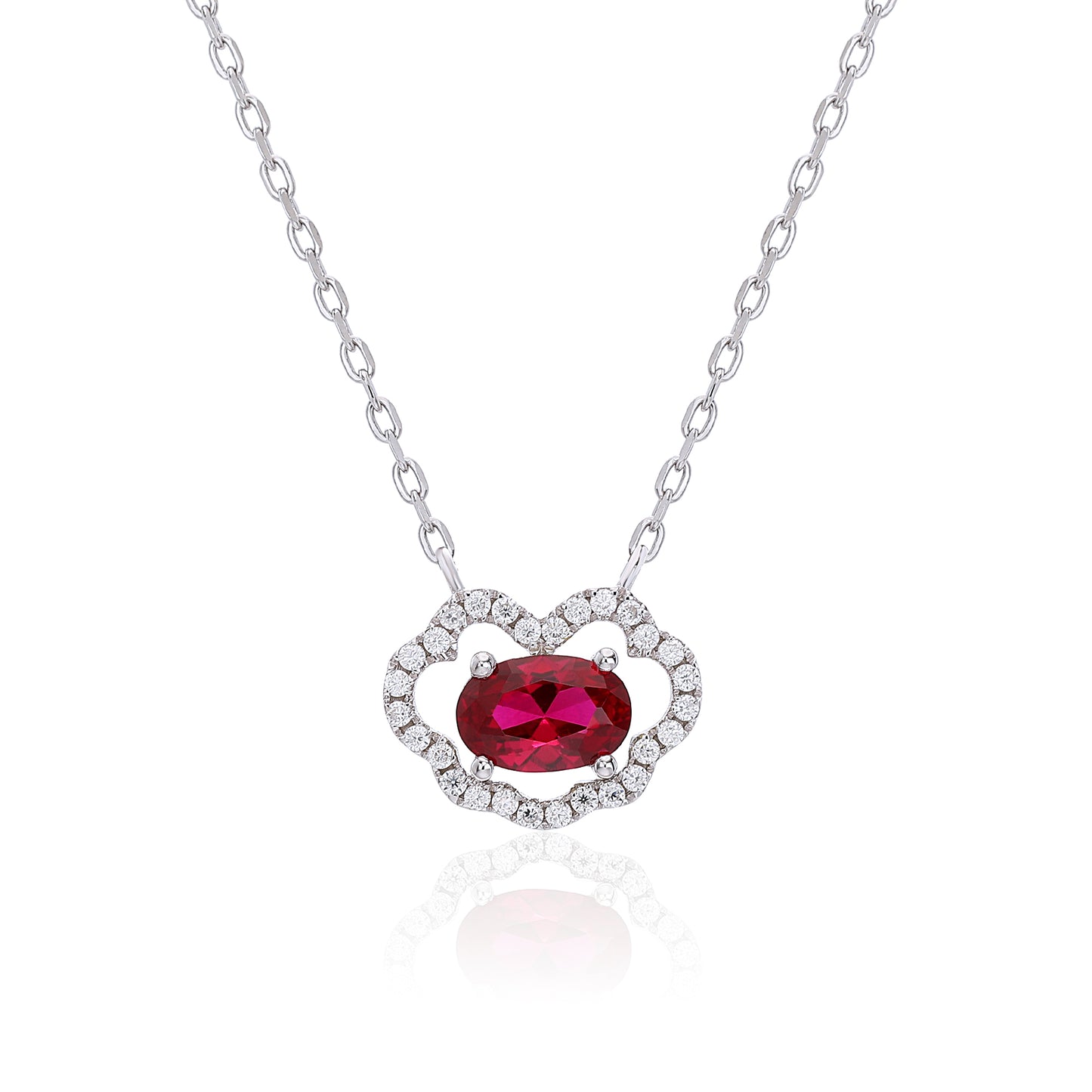 Vibrant oval ruby "Cloud Halo" pendant | Sterling silver dainty gemstone necklace
