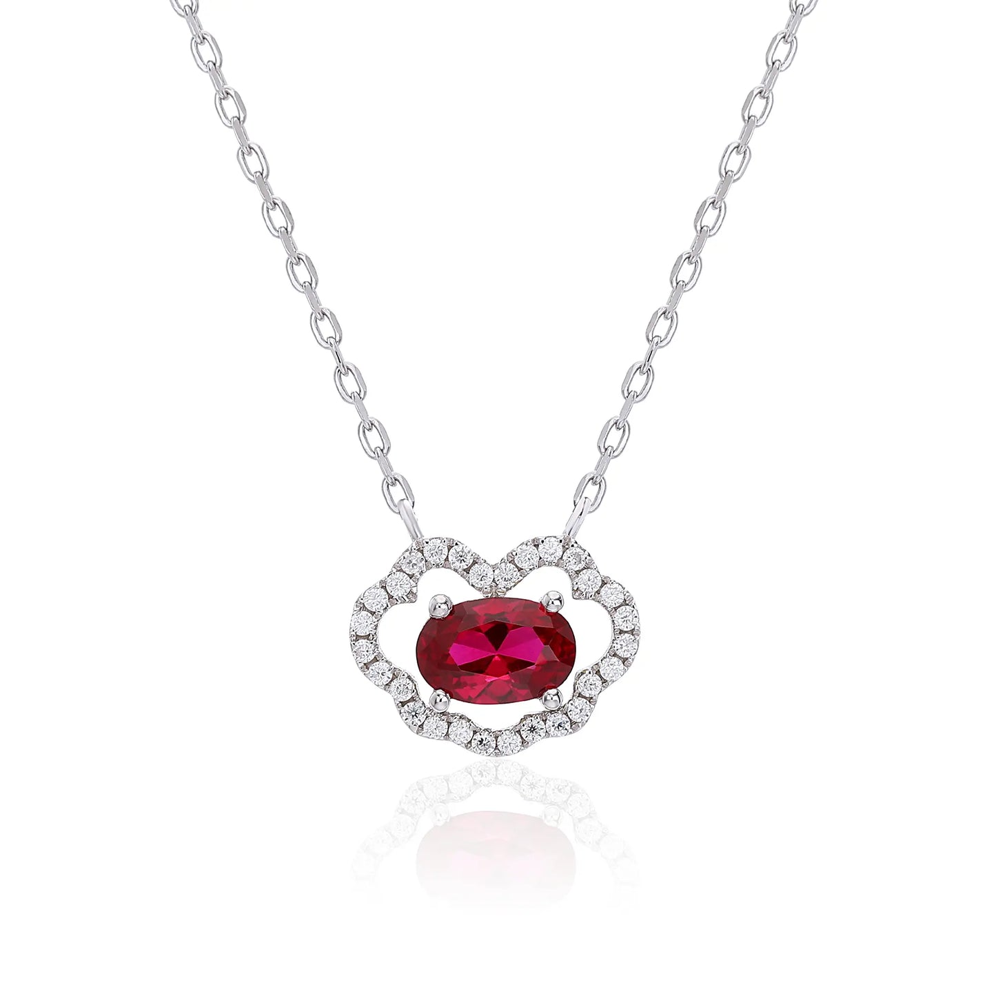 Vibrant oval ruby "Cloud Halo" pendant | Sterling silver dainty gemstone necklace