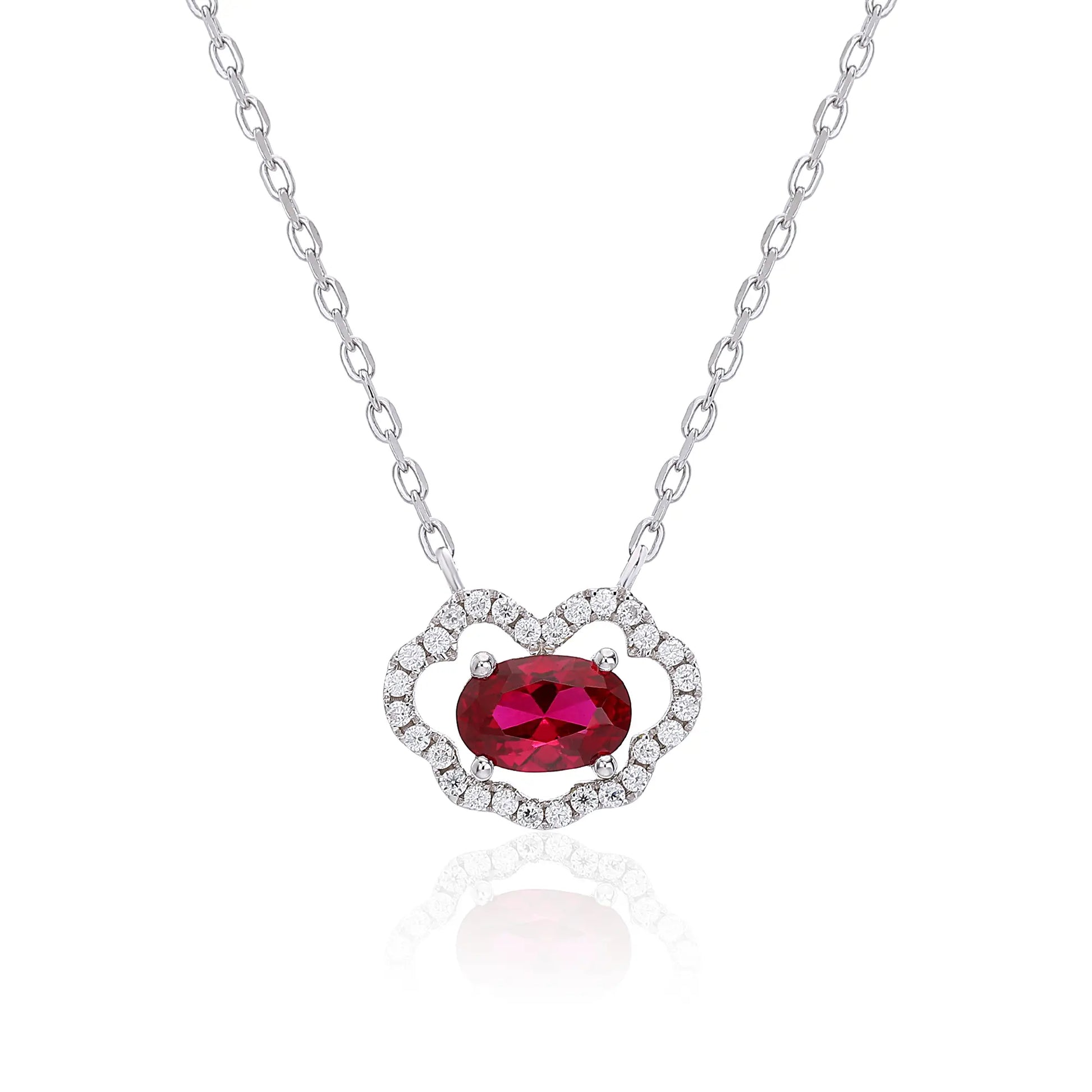 Vibrant oval ruby "Cloud Halo" pendant | Sterling silver dainty gemstone necklace