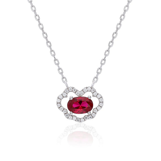 Vibrant oval ruby "Cloud Halo" pendant | Sterling silver dainty gemstone necklace