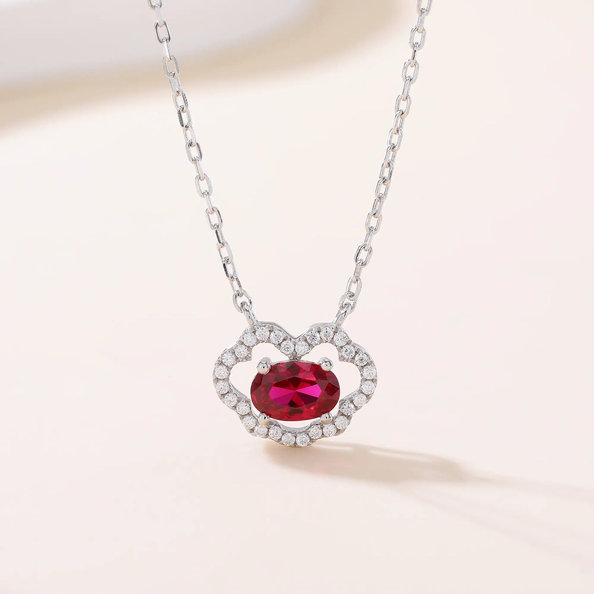 Vibrant oval ruby "Cloud Halo" pendant | Sterling silver dainty gemstone necklace
