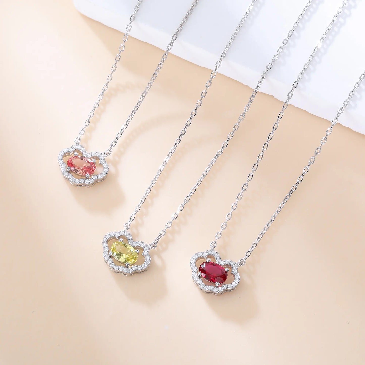 Vibrant oval ruby "Cloud Halo" pendant | Sterling silver dainty gemstone necklace