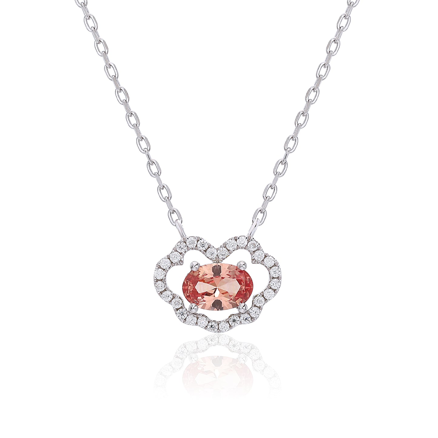 Enchanting oval Padparadscha sapphire "Cloud Halo" pendant | Sterling silver dainty gemstone necklace
