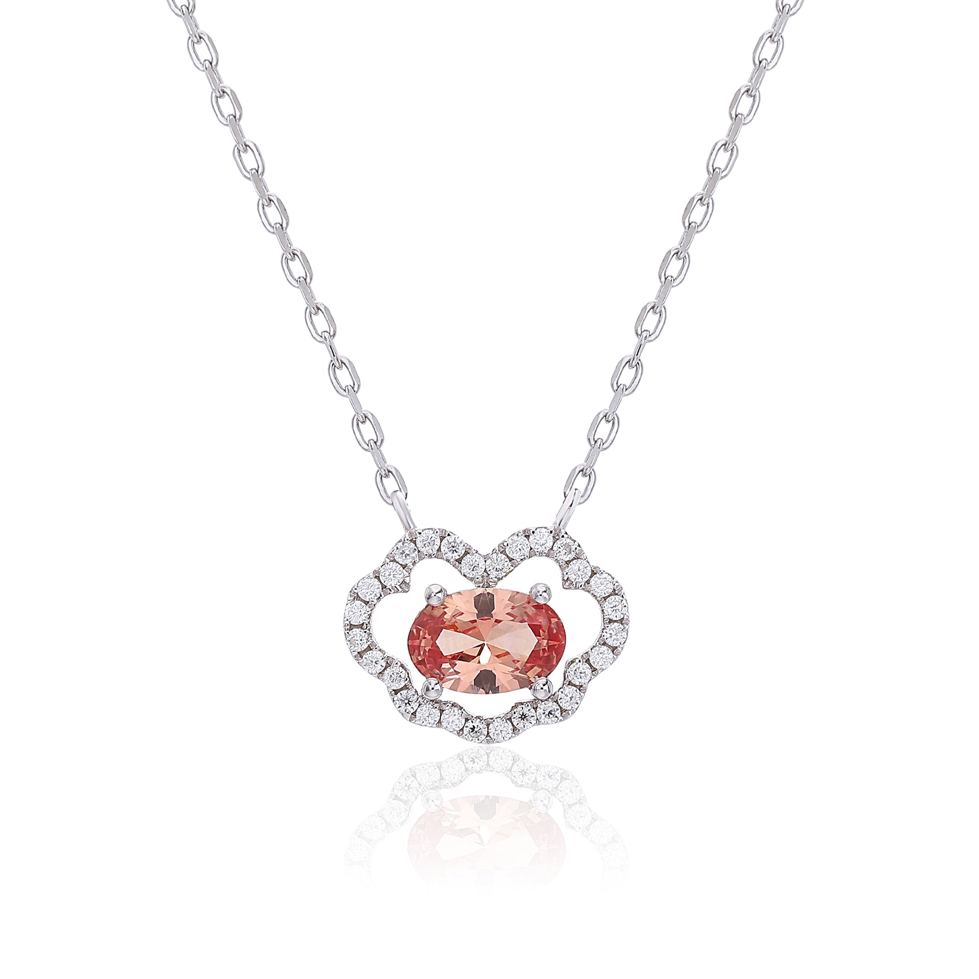 Enchanting oval Padparadscha sapphire "Cloud Halo" pendant | Sterling silver dainty gemstone necklace