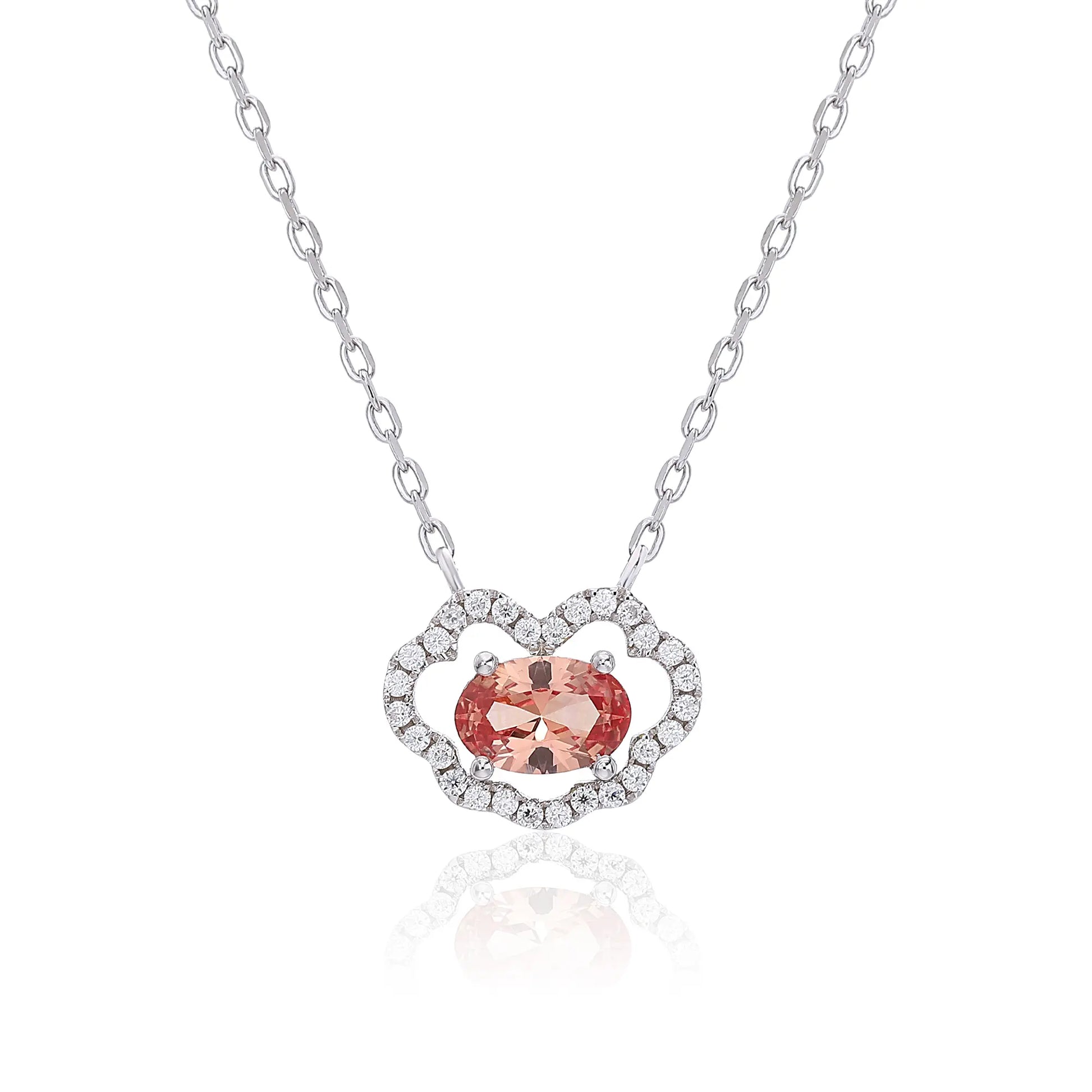Enchanting oval Padparadscha sapphire "Cloud Halo" pendant | Sterling silver dainty gemstone necklace