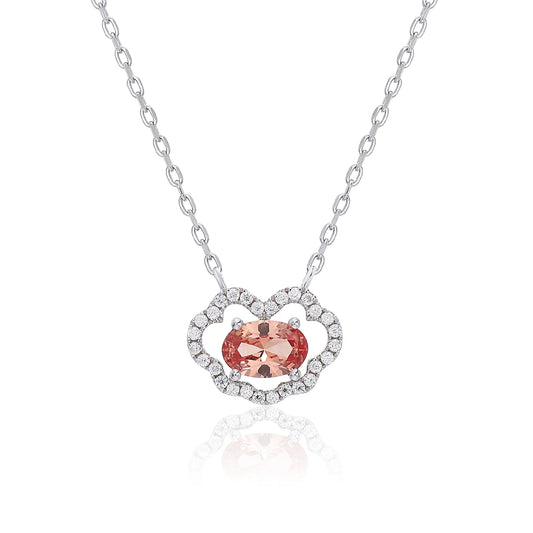 Enchanting oval Padparadscha sapphire "Cloud Halo" pendant | Sterling silver dainty gemstone necklace