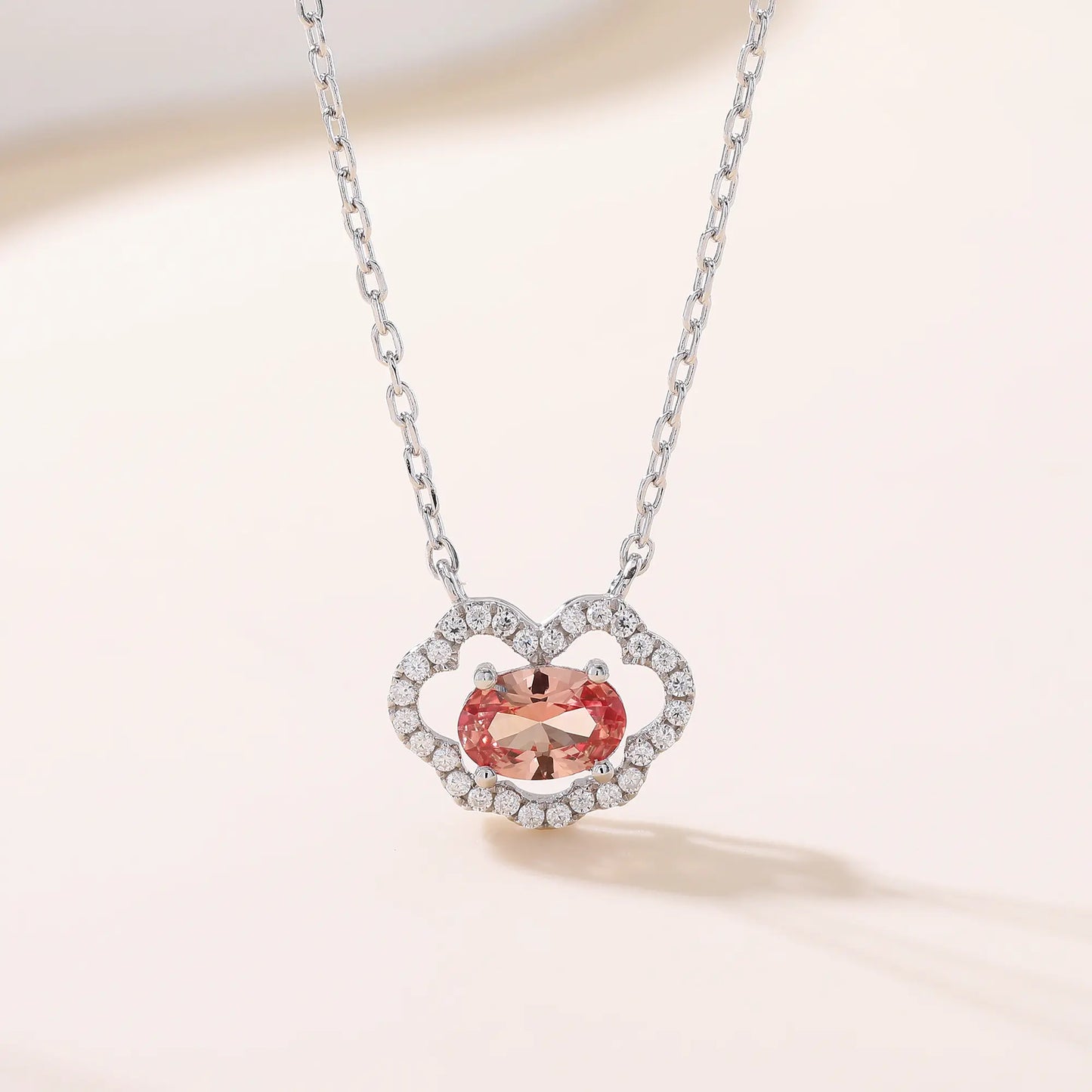 Enchanting oval Padparadscha sapphire "Cloud Halo" pendant | Sterling silver dainty gemstone necklace