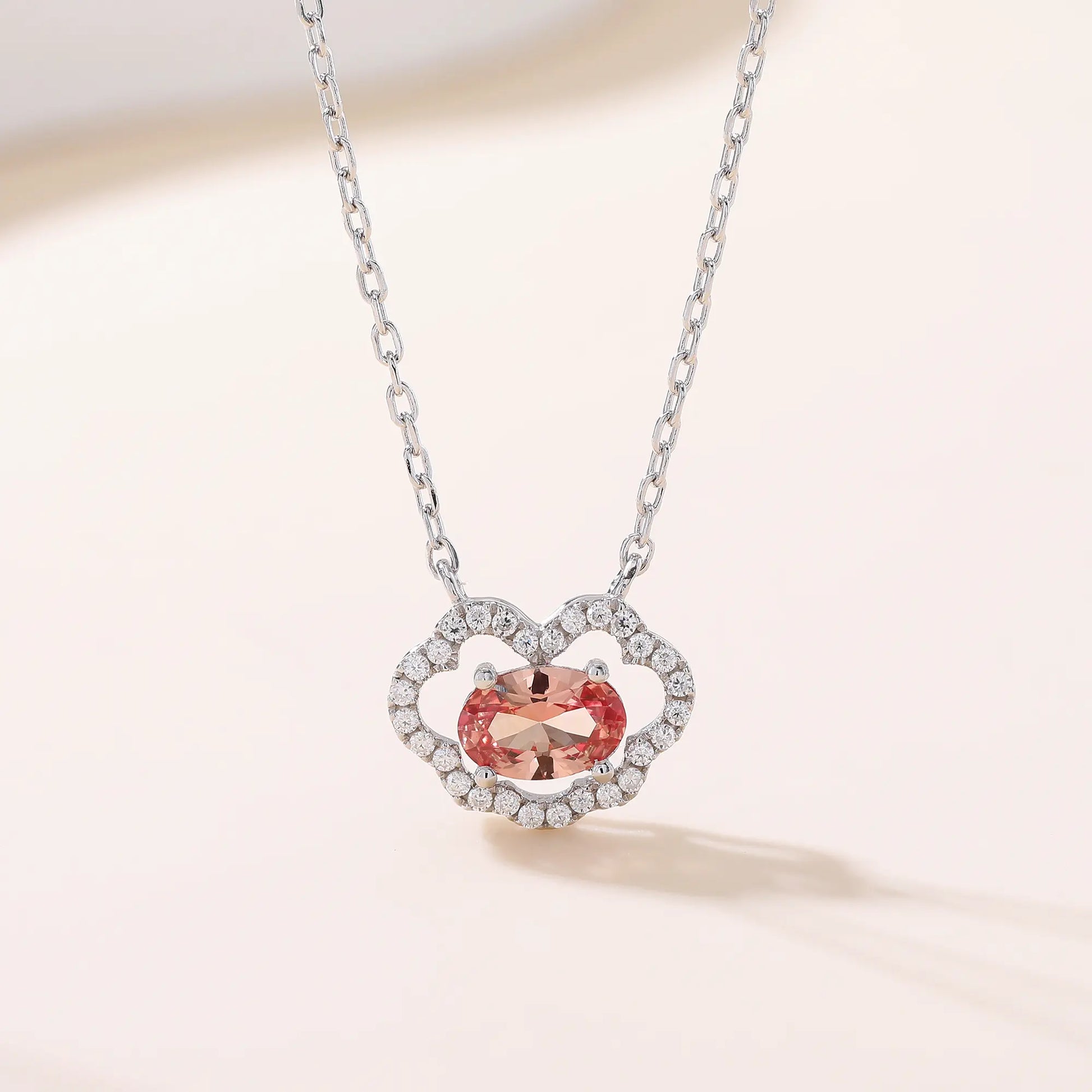 Enchanting oval Padparadscha sapphire "Cloud Halo" pendant | Sterling silver dainty gemstone necklace