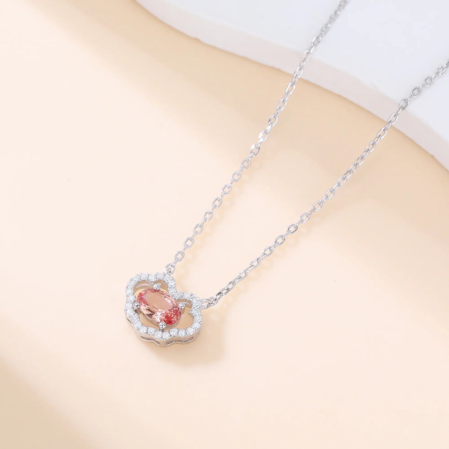 Enchanting oval Padparadscha sapphire "Cloud Halo" pendant | Sterling silver dainty gemstone necklace