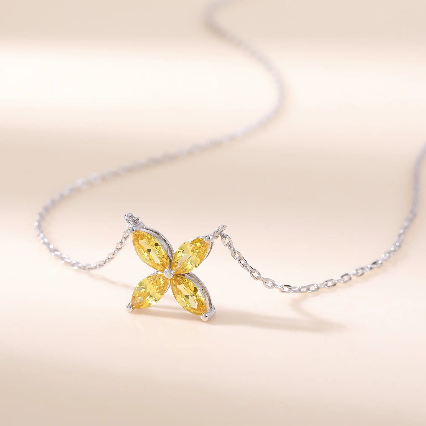 Marquise Cut Yellow Sapphire Clover Pendant Necklace in 925 Sterling Silver