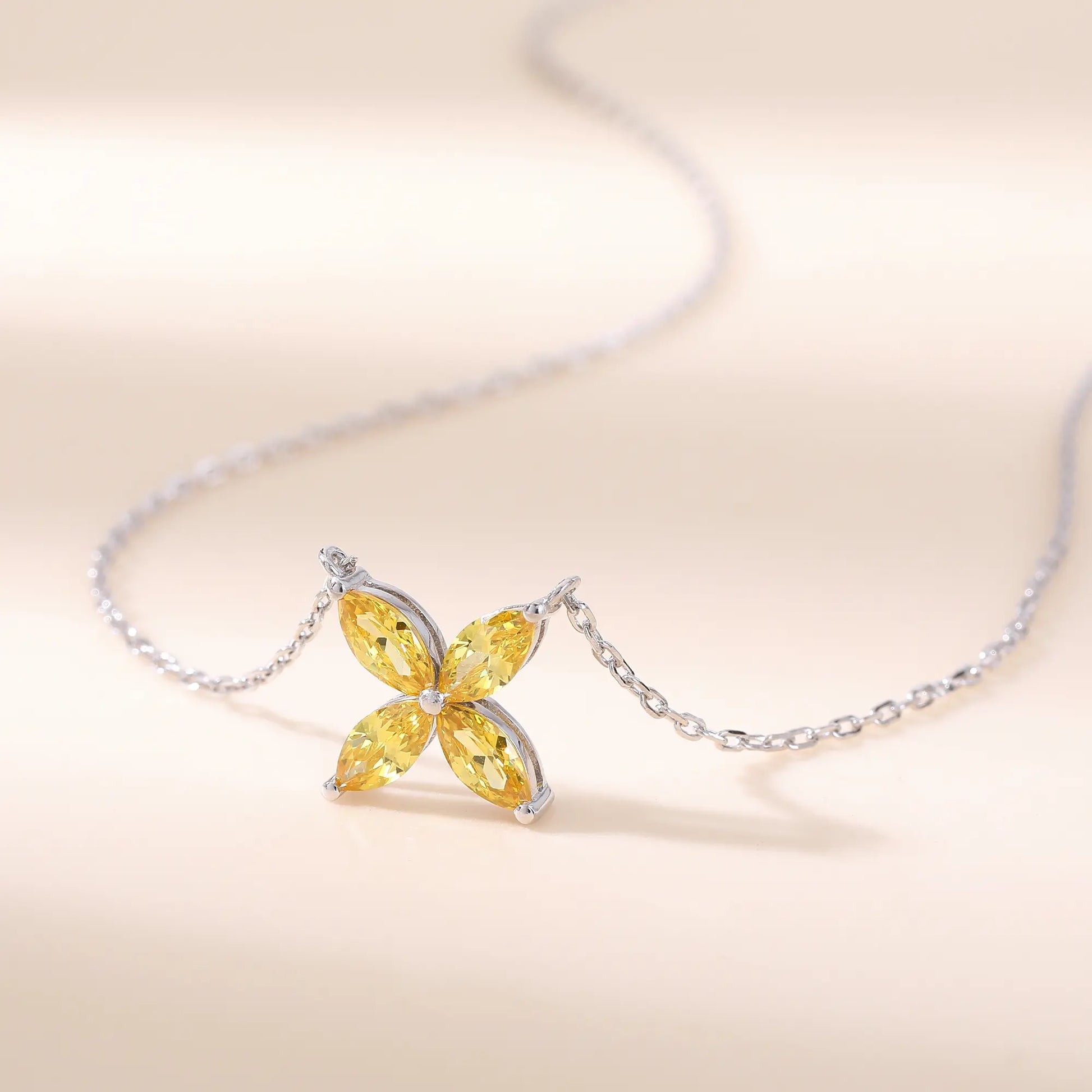 Marquise Cut Yellow Sapphire Clover Pendant Necklace in 925 Sterling Silver