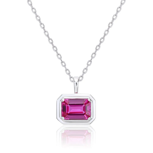 Lab-Grown Emerald-Cut Pink Sapphire Necklace in 925 Sterling Silver