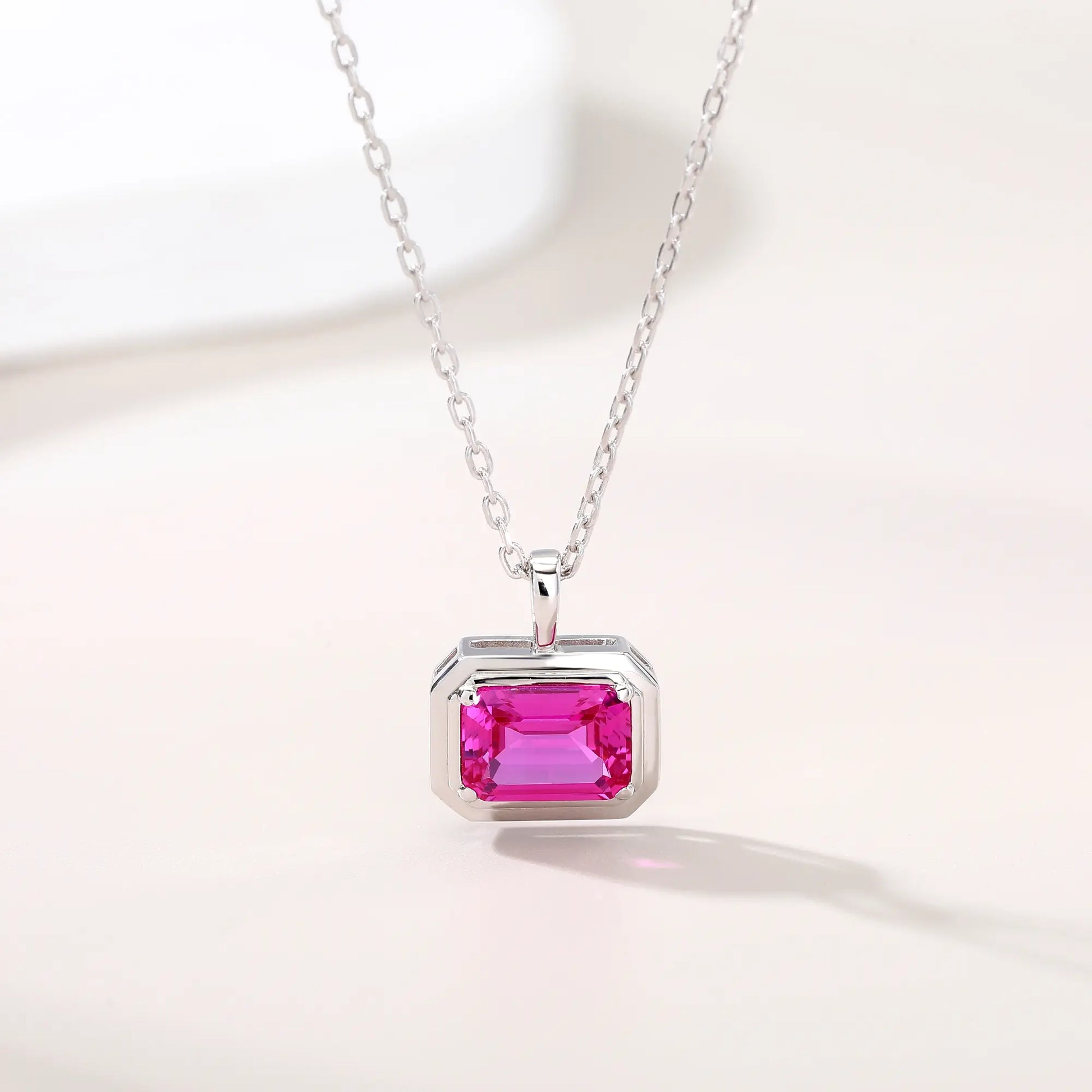 Lab-Grown Emerald-Cut Pink Sapphire Necklace in 925 Sterling Silver