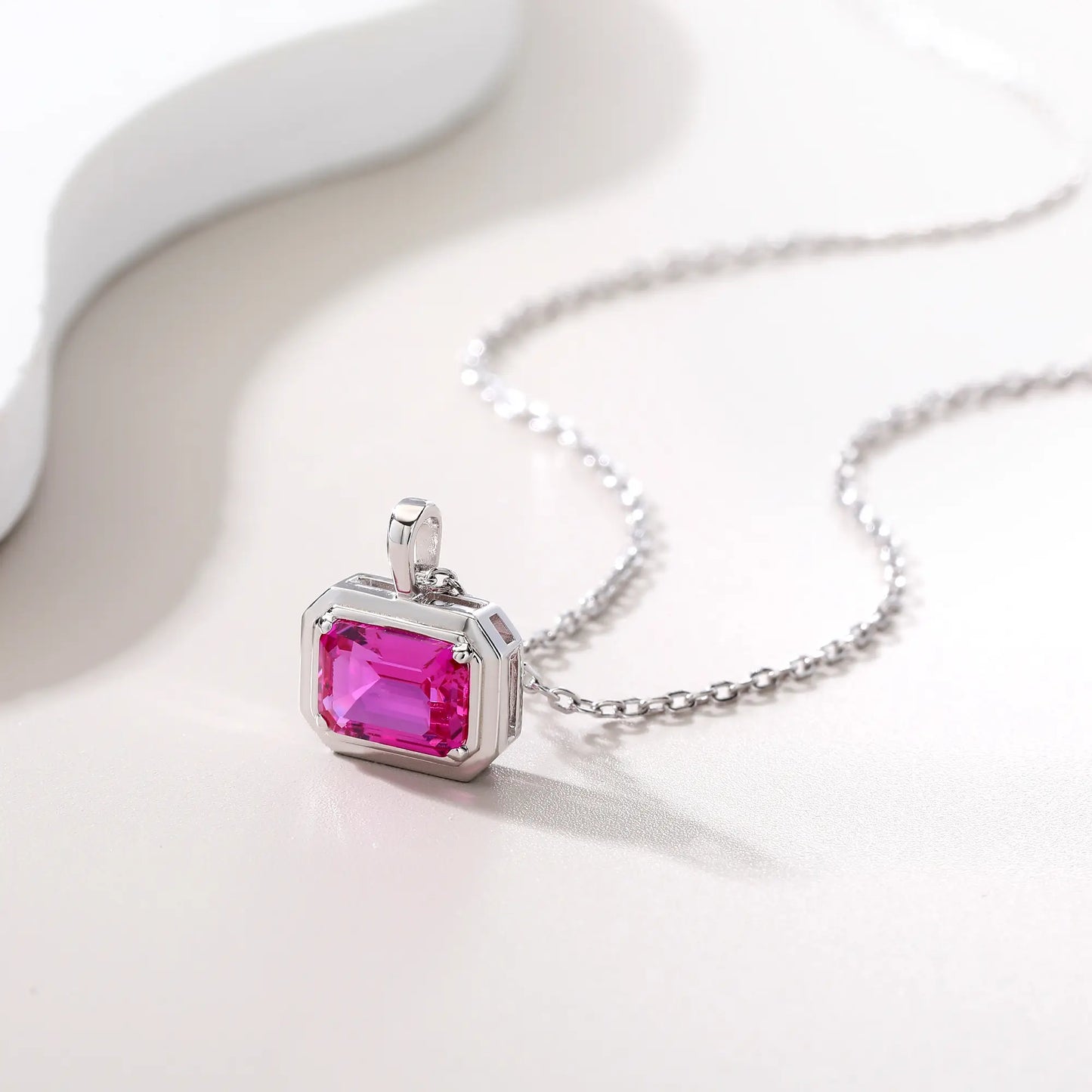 Lab-Grown Emerald-Cut Pink Sapphire Necklace in 925 Sterling Silver