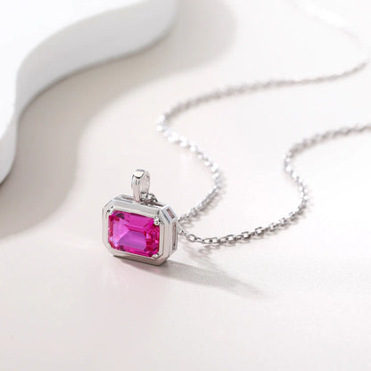 Lab-Grown Emerald-Cut Pink Sapphire Necklace in 925 Sterling Silver