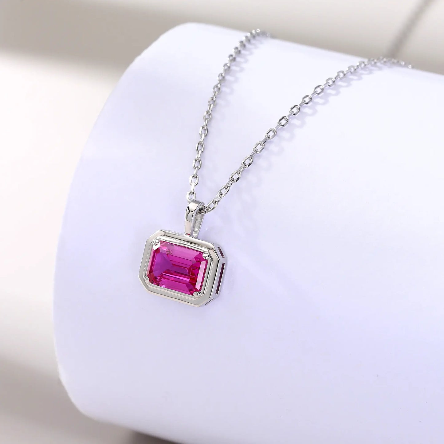 Lab-Grown Emerald-Cut Pink Sapphire Necklace in 925 Sterling Silver