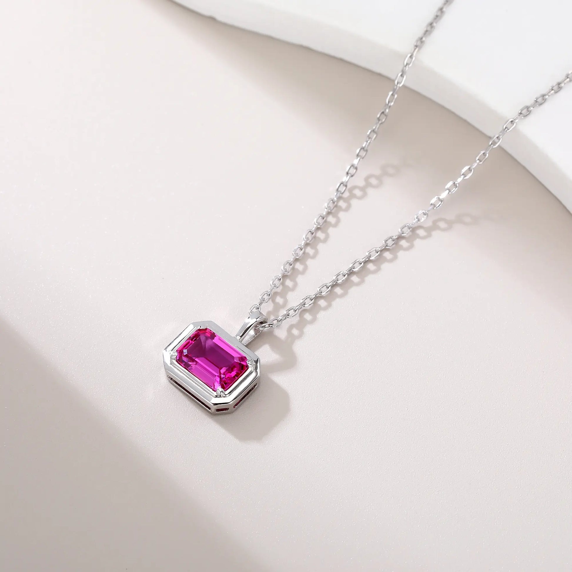 Lab-Grown Emerald-Cut Pink Sapphire Necklace in 925 Sterling Silver