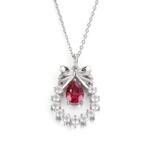 Pear Shaped Ruby Bow Necklace in 925 Sterling Silver