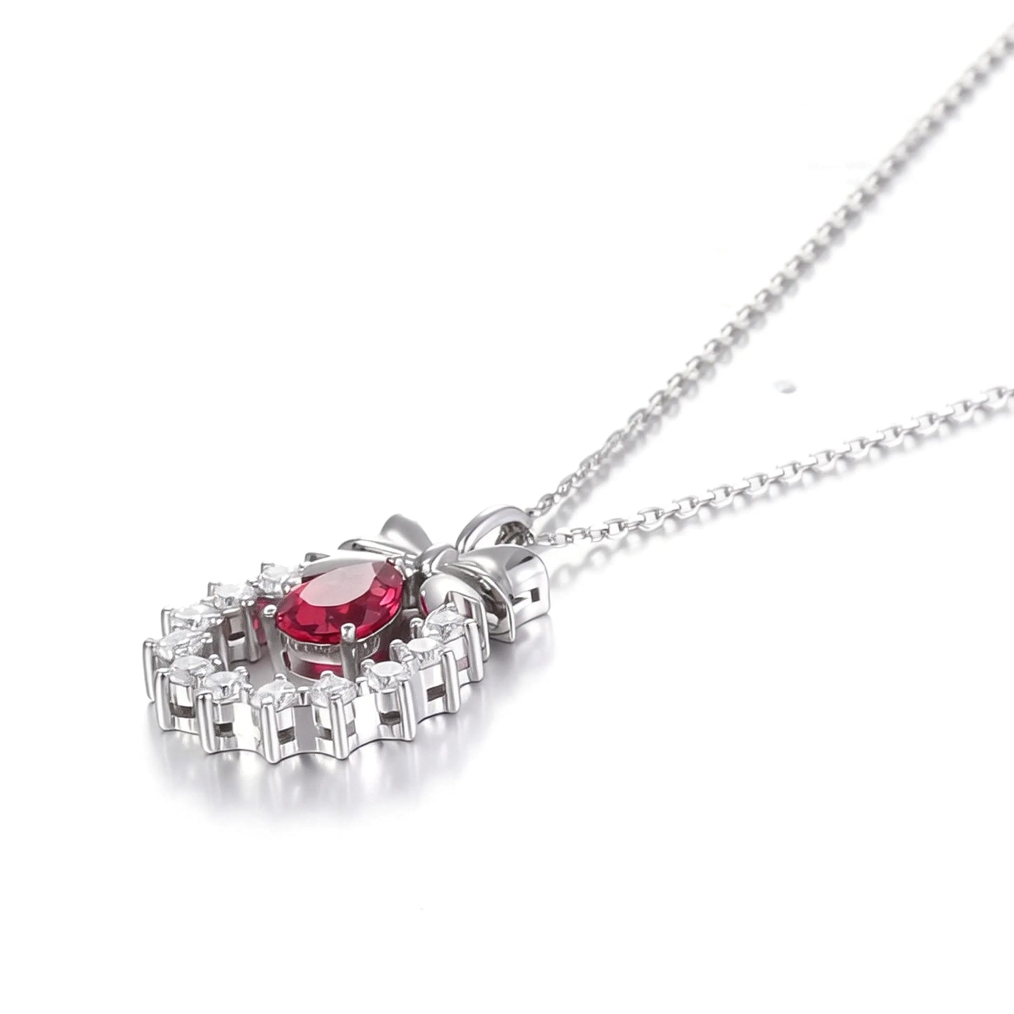 Pear Shaped Ruby Bow Necklace in 925 Sterling Silver