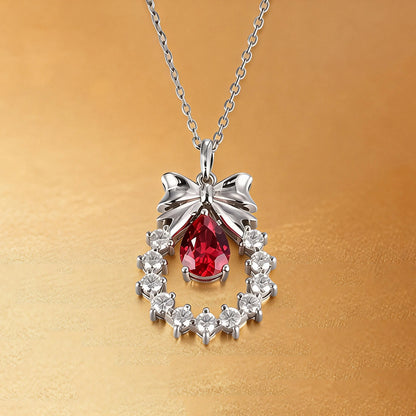 Pear Shaped Ruby Bow Necklace in 925 Sterling Silver