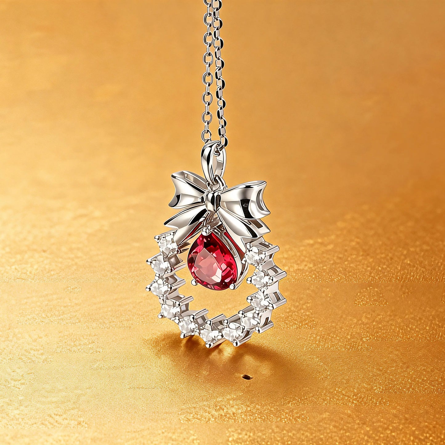 Pear Shaped Ruby Bow Necklace in 925 Sterling Silver