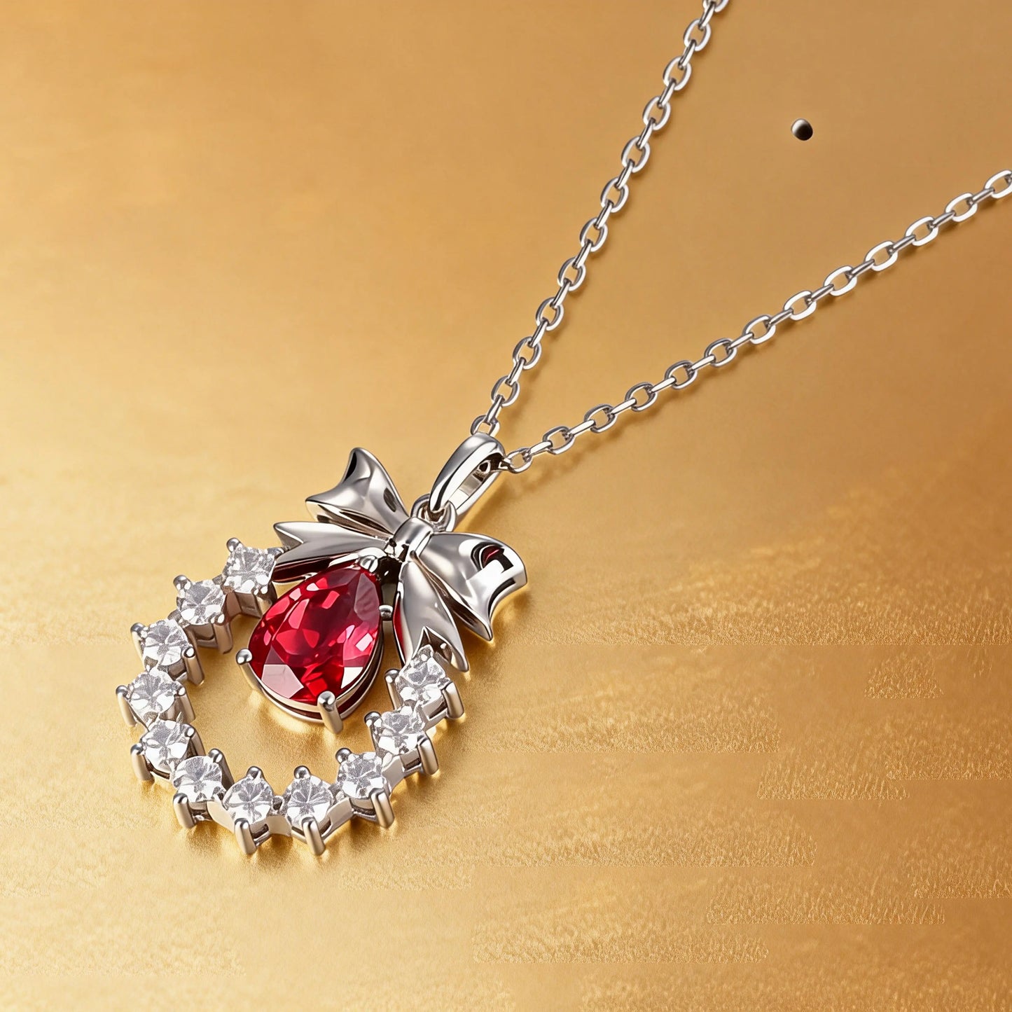 Pear Shaped Ruby Bow Necklace in 925 Sterling Silver
