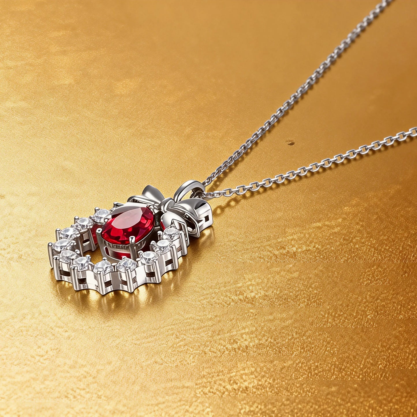 Pear Shaped Ruby Bow Necklace in 925 Sterling Silver