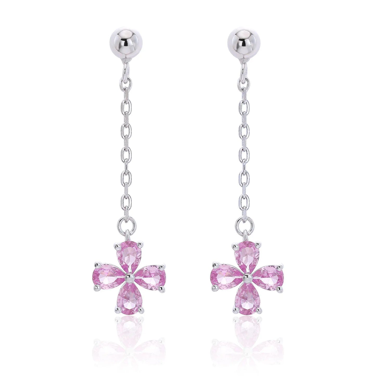Pink Sapphire Stud Earrings with Clover Dangles in 925 Sterling Silver