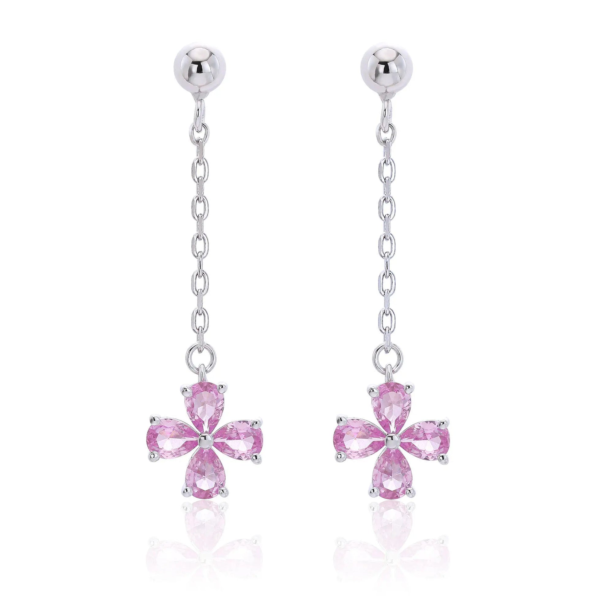 Pink Sapphire Stud Earrings with Clover Dangles in 925 Sterling Silver