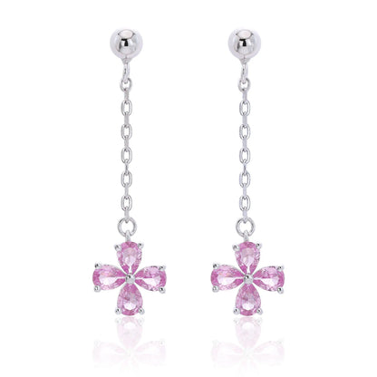 Pink Sapphire Stud Earrings with Clover Dangles in 925 Sterling Silver