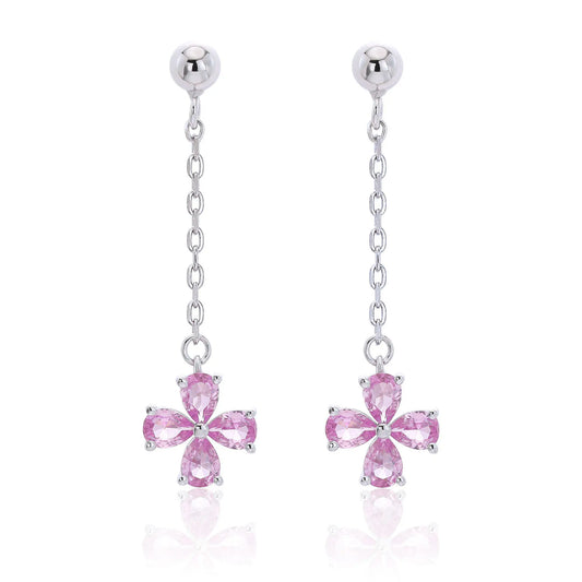Pink Sapphire Stud Earrings with Clover Dangles in 925 Sterling Silver