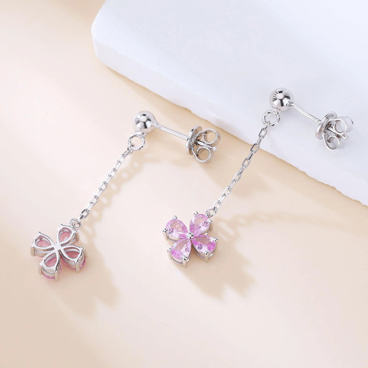 Pink Sapphire Stud Earrings with Clover Dangles in 925 Sterling Silver