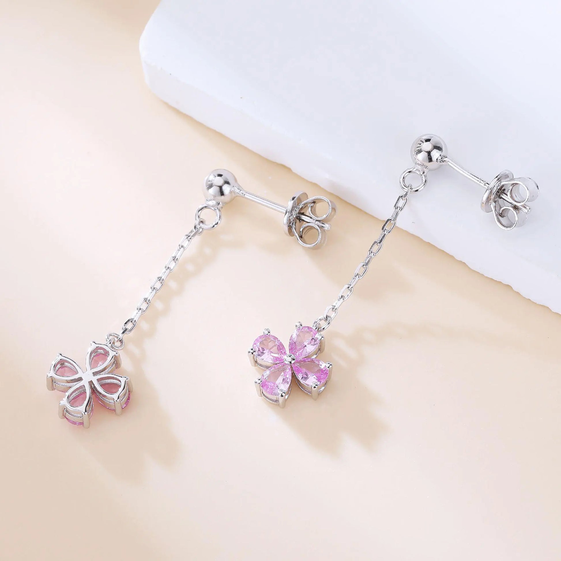 Pink Sapphire Stud Earrings with Clover Dangles in 925 Sterling Silver